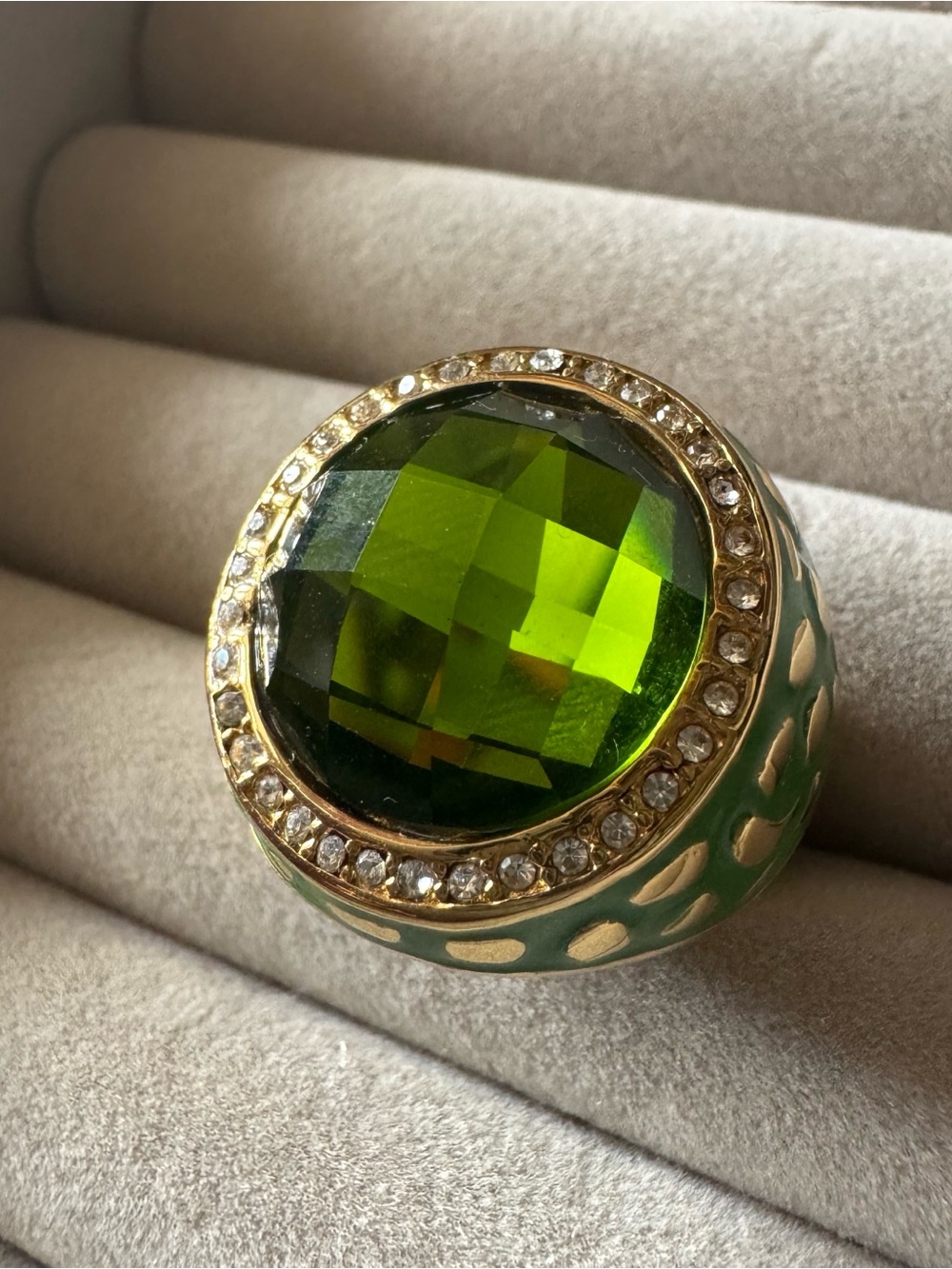 316L Stainless Steel Green Crystal Enamel Statement Cocktail Ring Size 10.5